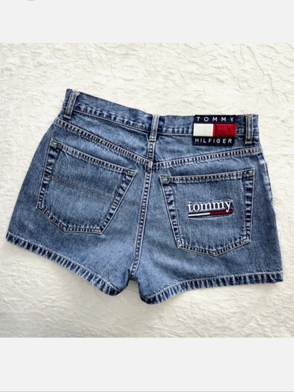 Tommy Hilfiger 100% Cotton Jean Shorts With Red White & Blue Logo Pocket, Size 7